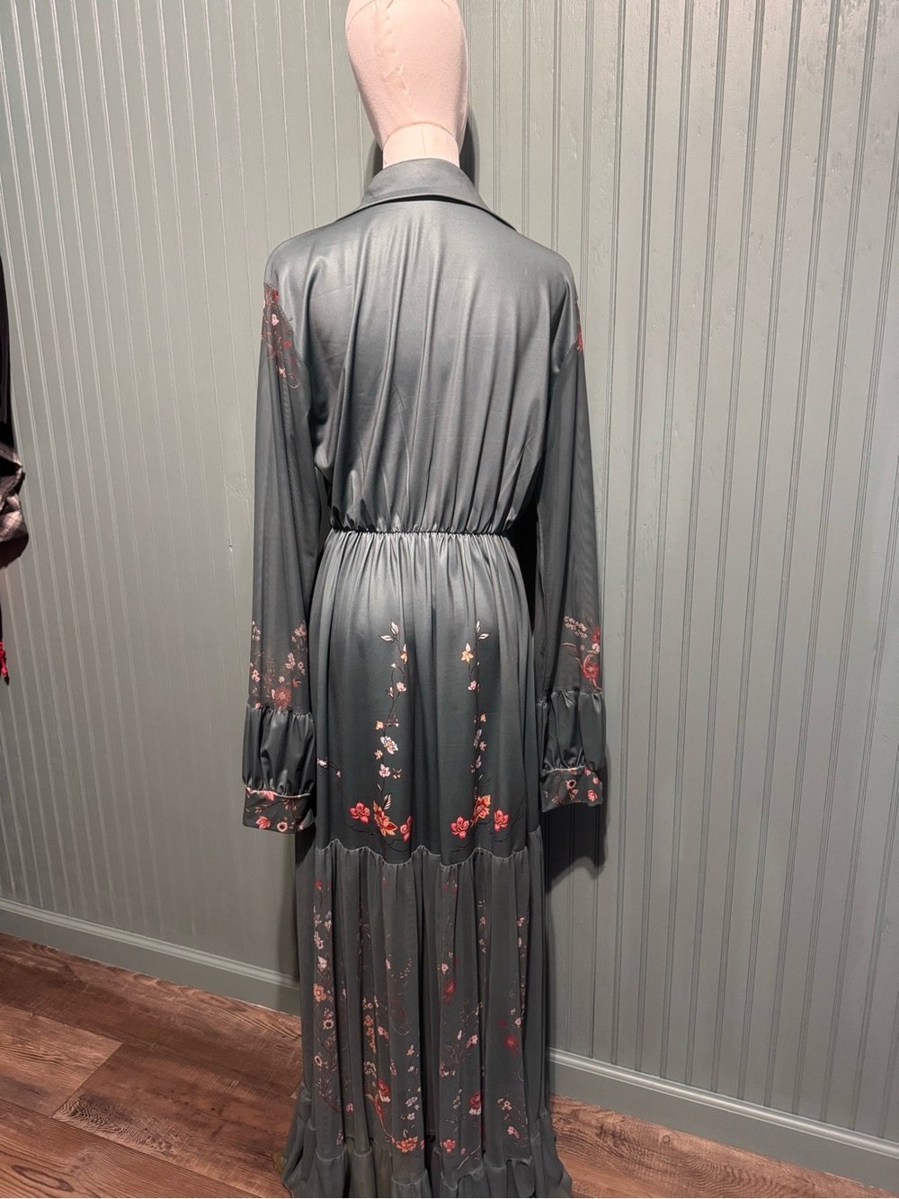 Source Unknown gray green Maxi Dress with Pink & Orange Floral Embroidery - Picture 3 of 5